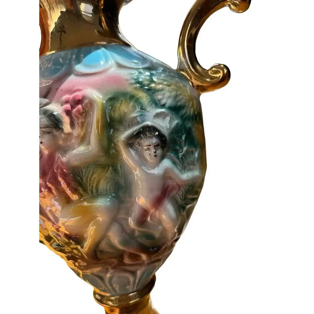 Vintage Vase Made in Italy Cherub 3d Gold Handles Hand Decorated White Elegant